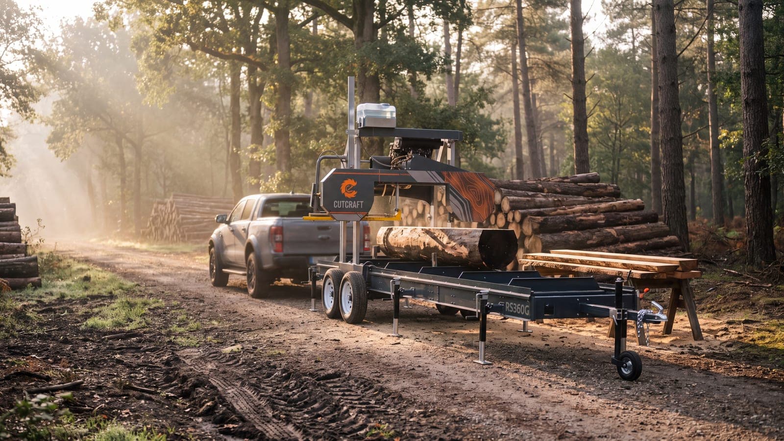 Scierie mobile CUTCRAFT RS360G sur sa remorque en forêt, grume engagée et planches fraîchement débitées